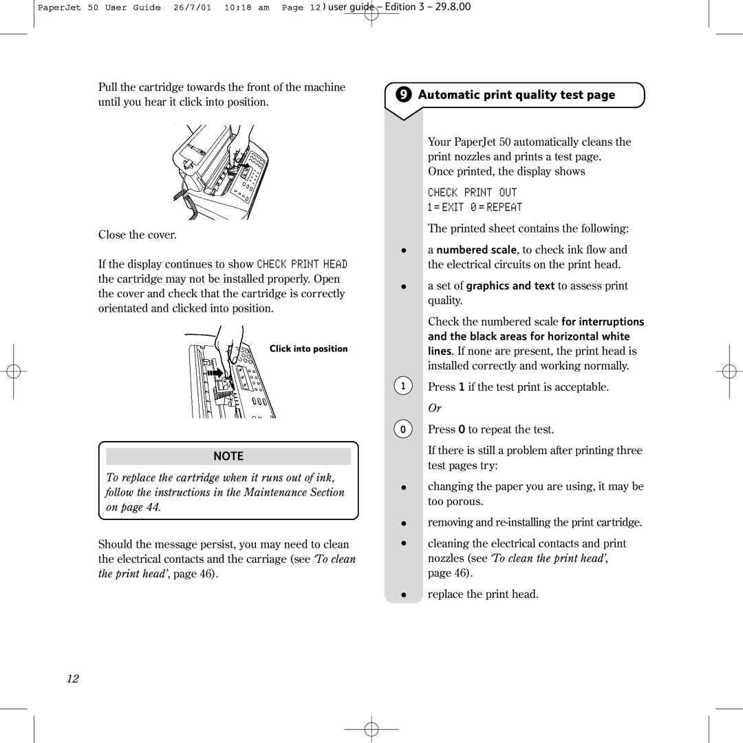 BT 50 manual Automatic print quality test, Check Print OUT = Exit 0 = Repeat 