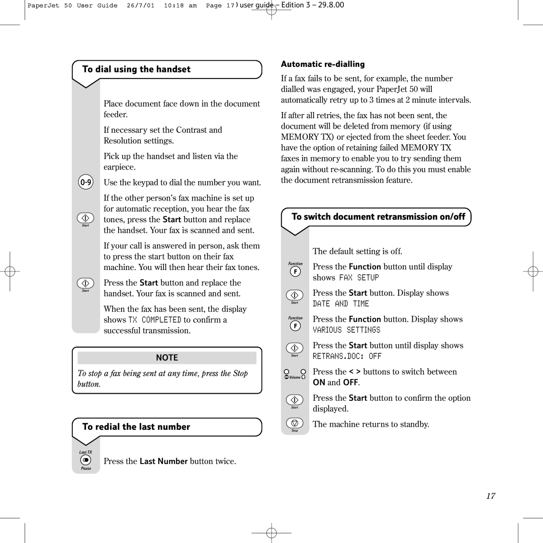 BT 50 manual To dial using the handset, To switch document retransmission on/off, To redial the last number 