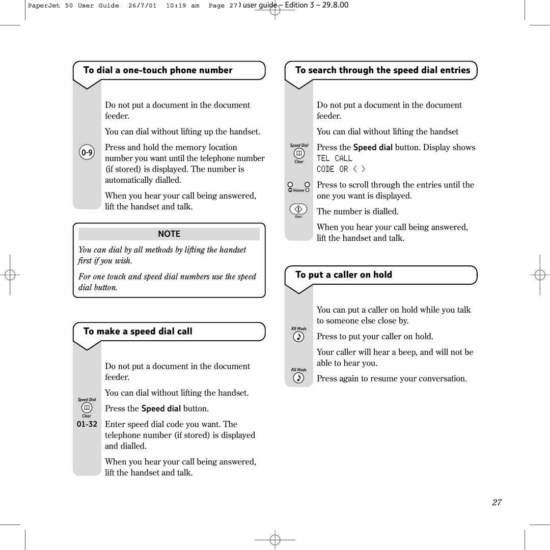 BT 50 manual To make a speed dial call, To put a caller on hold, TEL Call Code or 