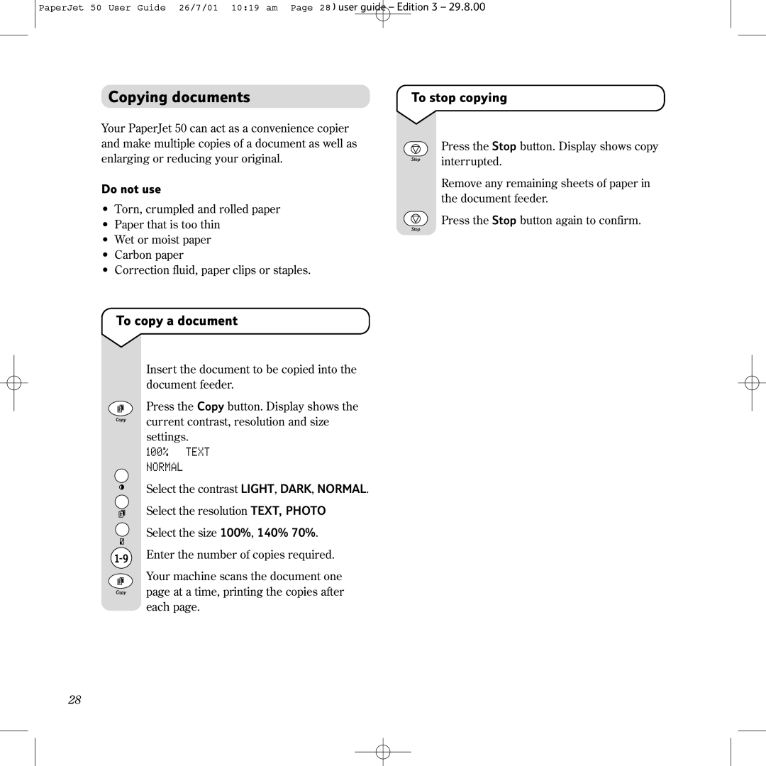 BT 50 manual Copying documents, To copy a document, To stop copying, 100% Text Normal 