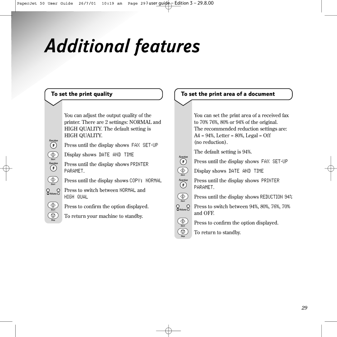 BT 50 manual Additional features, To set the print quality, To set the print area of a document, High Qual 