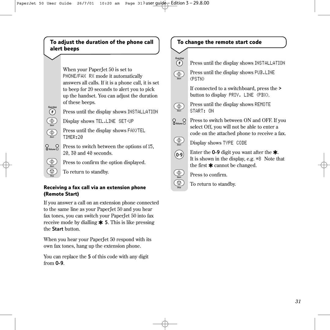 BT 50 To adjust the duration of the phone call alert beeps, To change the remote start code, Start TIMER20, Pstn, Start on 