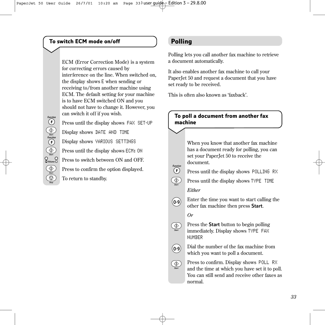 BT 50 manual Polling, To switch ECM mode on/off, To poll a document from another fax machine 