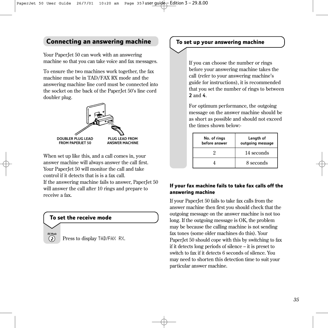 BT 50 manual Connecting an answering machine, To set the receive mode, To set up your answering machine 