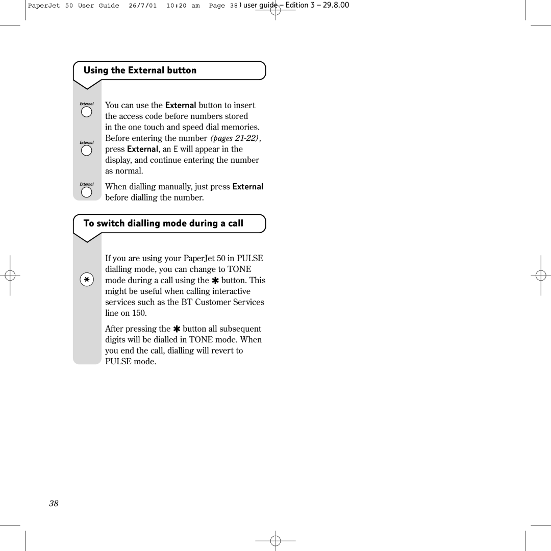 BT 50 manual Using the External button, To switch dialling mode during a call 