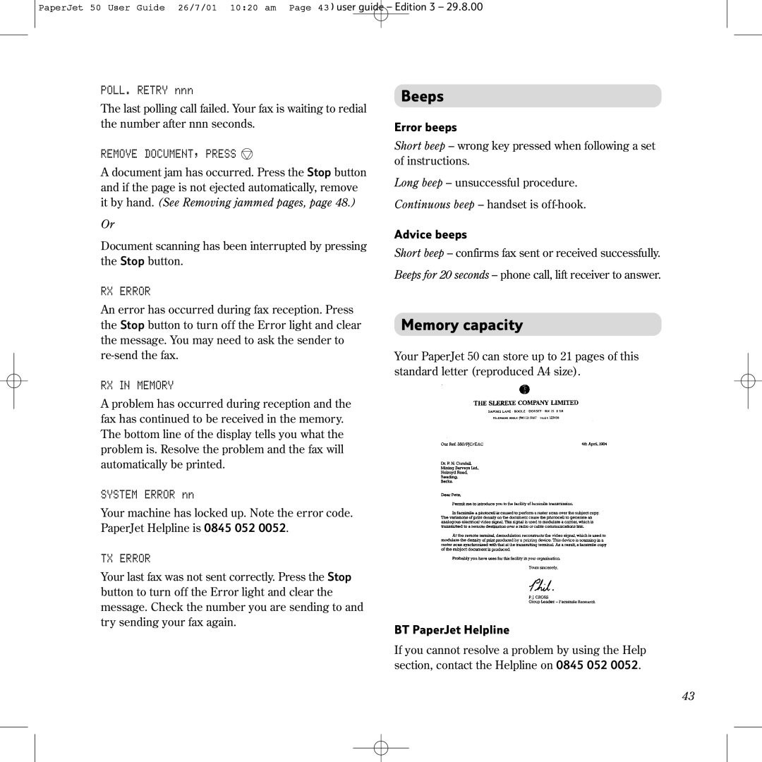 BT 50 manual Beeps, Memory capacity 