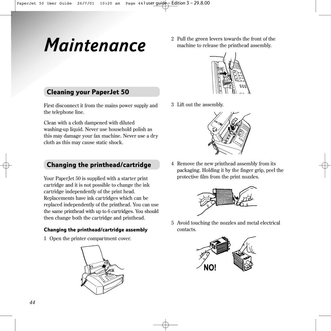 BT 50 manual Maintenance, Cleaning your PaperJet, Changing the printhead/cartridge assembly 