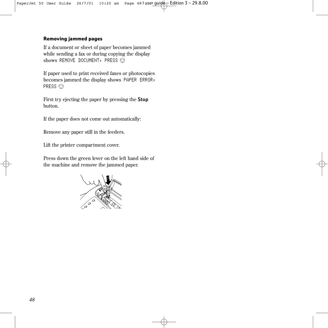 BT 50 manual Press, Removing jammed pages 