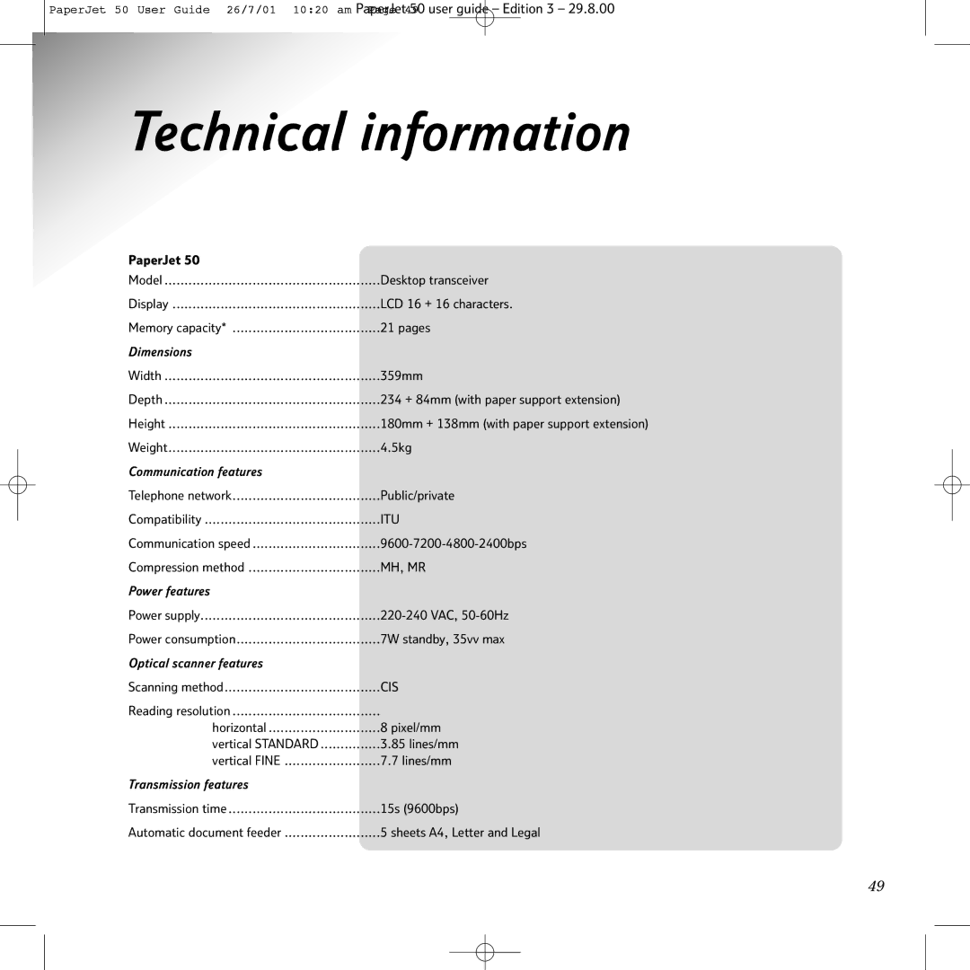 BT 50 manual Technical information, Dimensions 