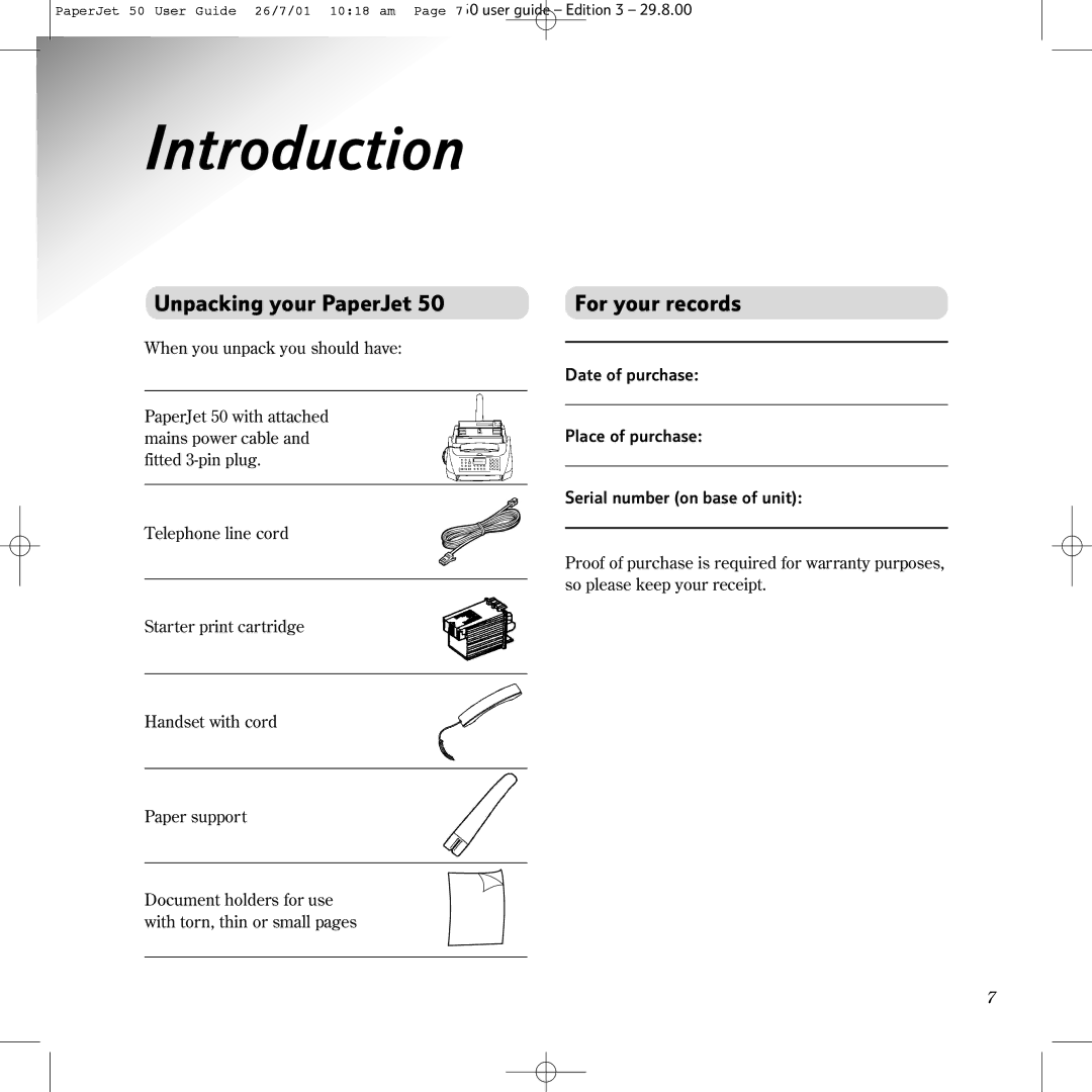 BT 50 manual Introduction, Unpacking your PaperJet, For your records 