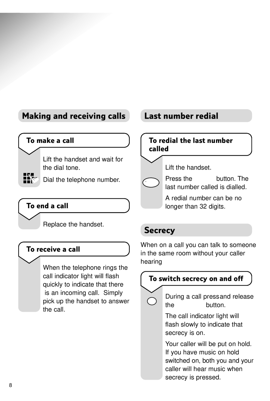 BT BT DECOR, 500 manual Using the telephone, Making and receiving calls Last number redial, Secrecy 