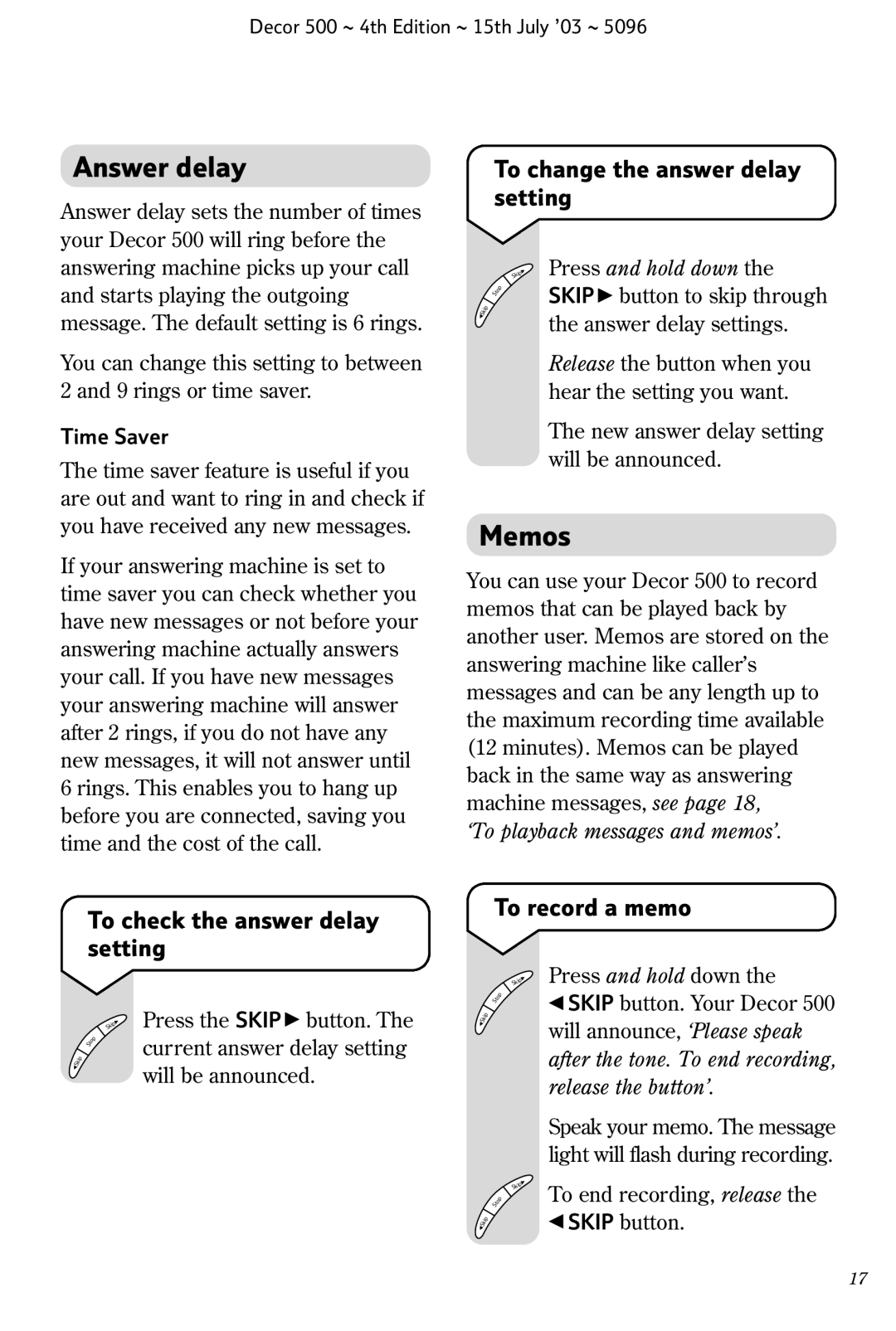 BT 500 manual Answer delay, Memos, To change the answer delay setting, To check the answer delay setting, To record a memo 