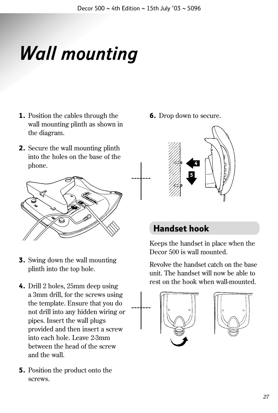 BT 500, BT DECOR manual Wall mounting, Handset hook 