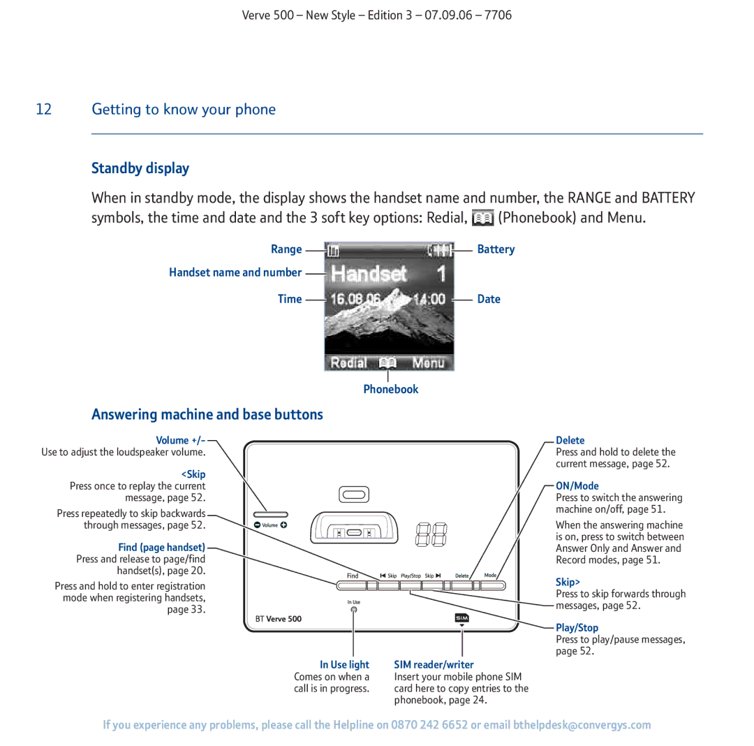 BT 500 manual Getting to know your phone, Standby display, Answering machine and base buttons 