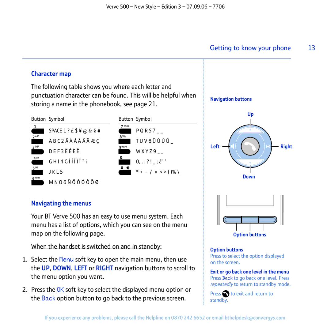 BT 500 manual Character map, Following table shows you where each letter, Storing a name in the phonebook, see 