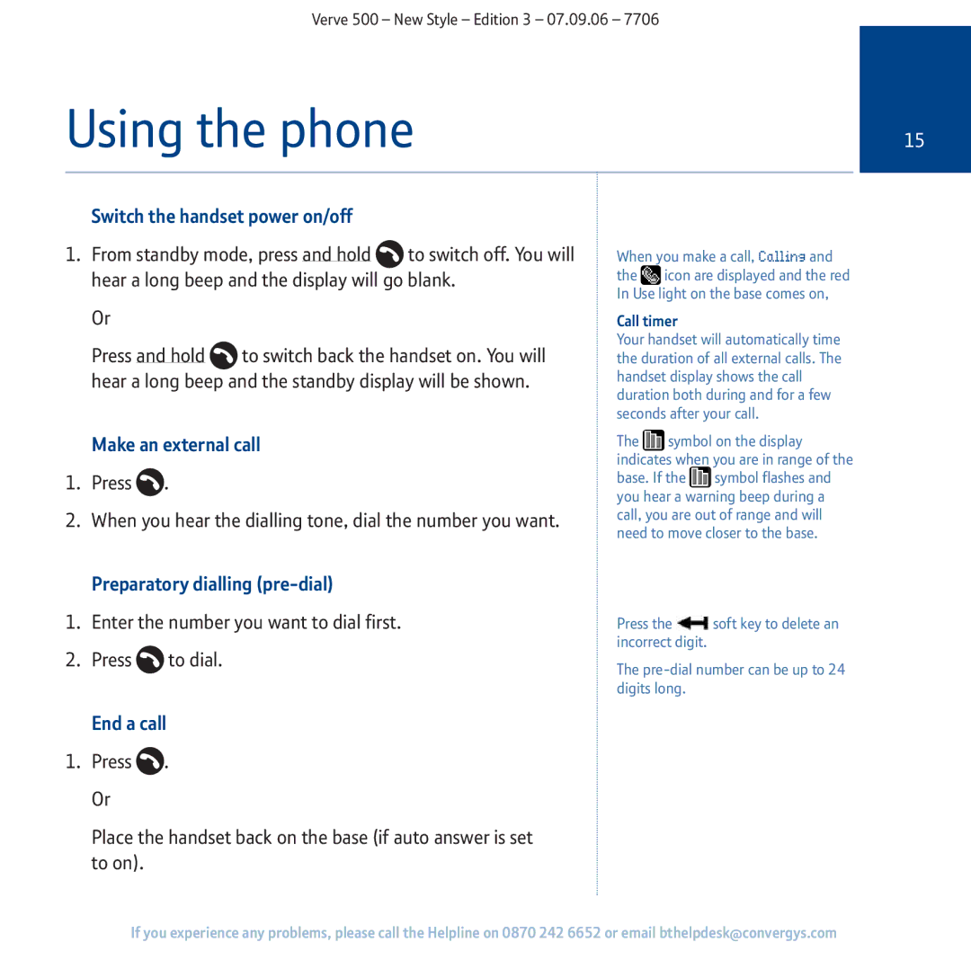 BT 500 Using the phone, Switch the handset power on/off, Make an external call, Preparatory dialling pre-dial, End a call 