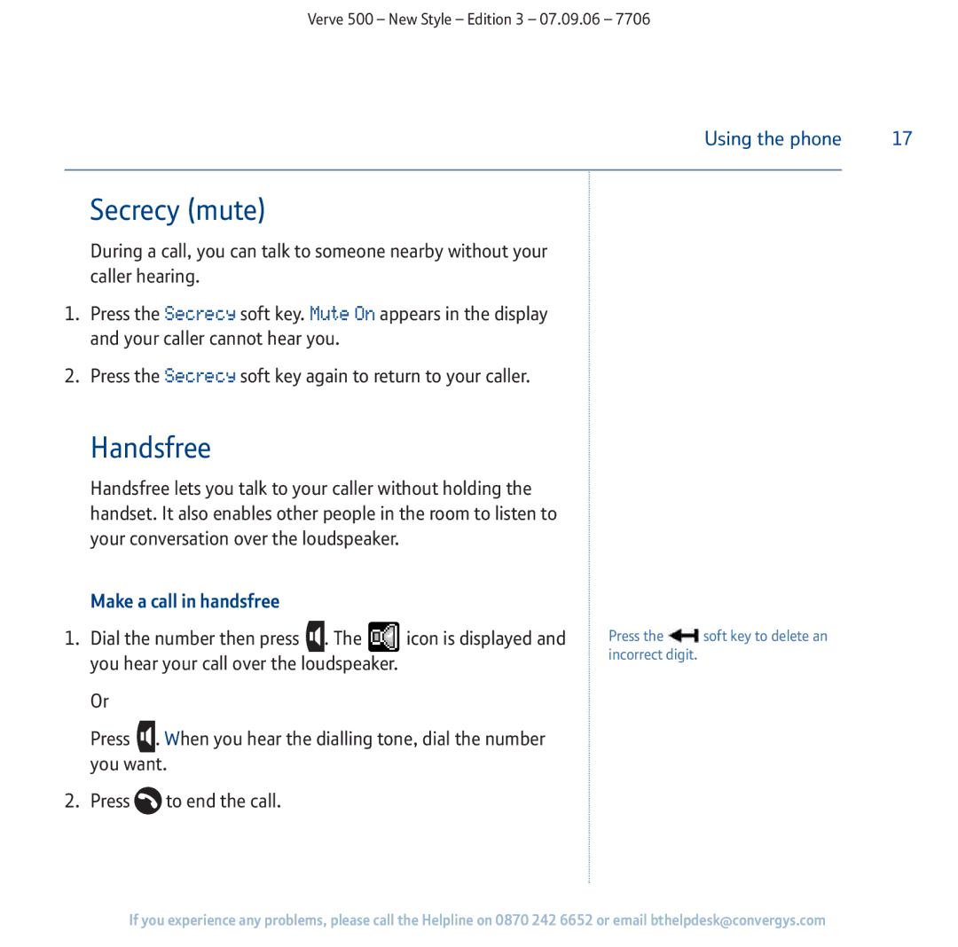 BT 500 manual Secrecy mute, Handsfree, Make a call in handsfree 