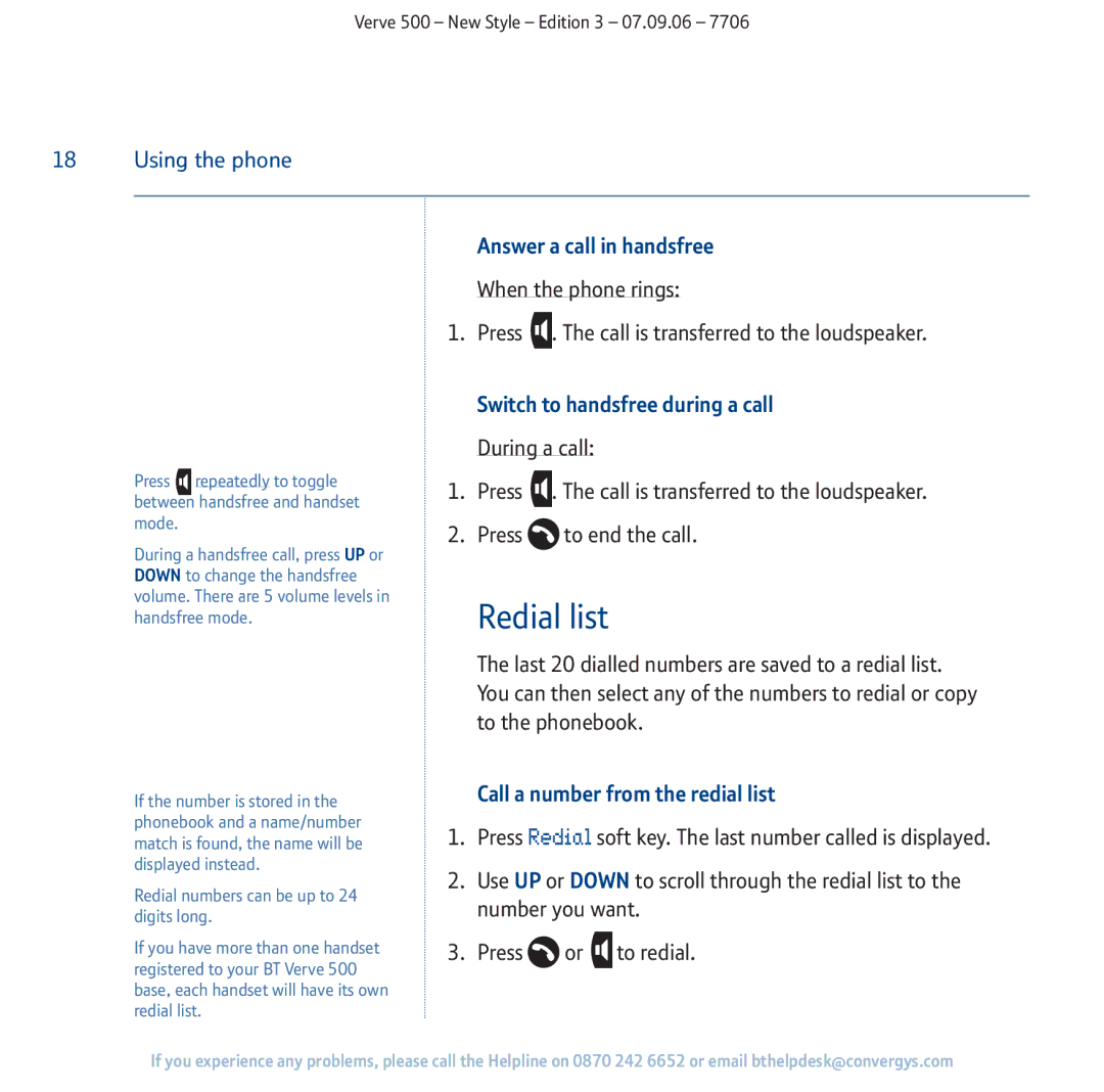 BT 500 Redial list, Answer a call in handsfree, Switch to handsfree during a call, Call a number from the redial list 