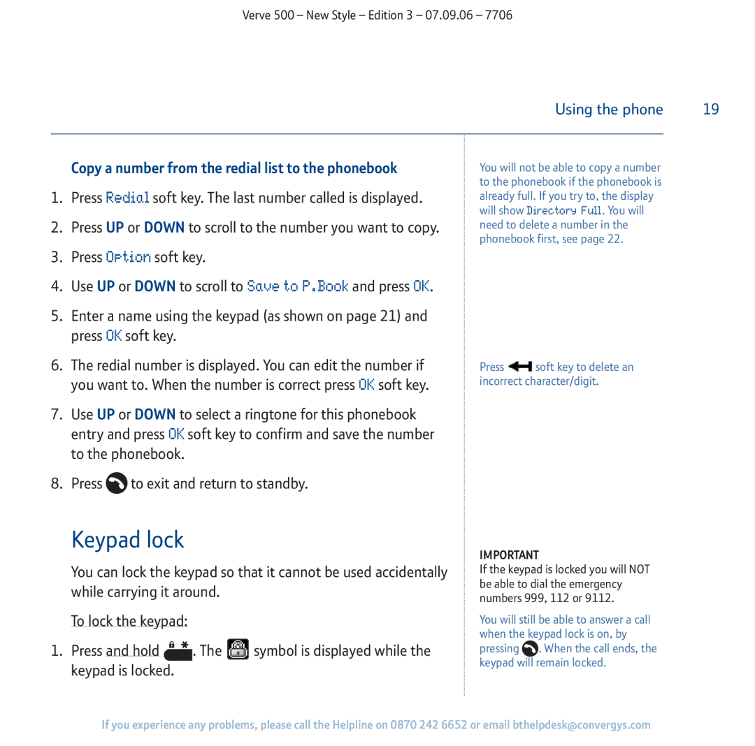 BT 500 manual Keypad lock, Copy a number from the redial list to the phonebook 