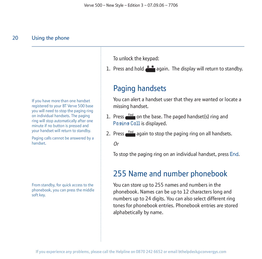 BT 500 manual Paging handsets, Name and number phonebook 