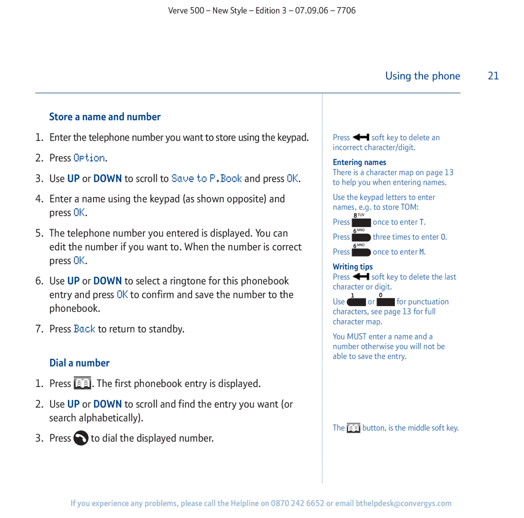 BT 500 manual Store a name and number, Dial a number, Entering names, Writing tips 