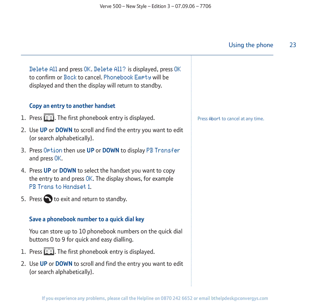 BT 500 manual Copy an entry to another handset, Save a phonebook number to a quick dial key 