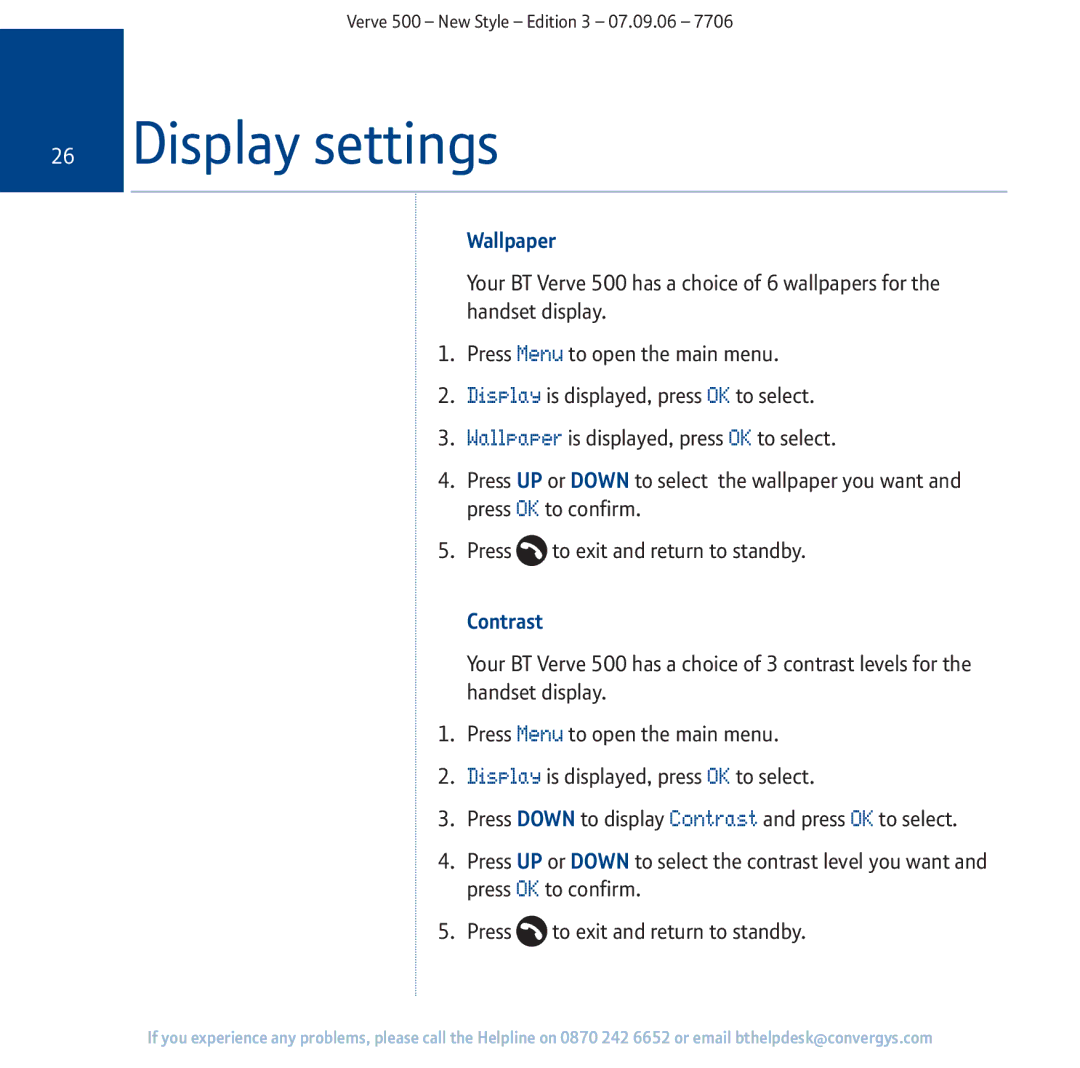 BT 500 manual Display settings, Wallpaper, Contrast 