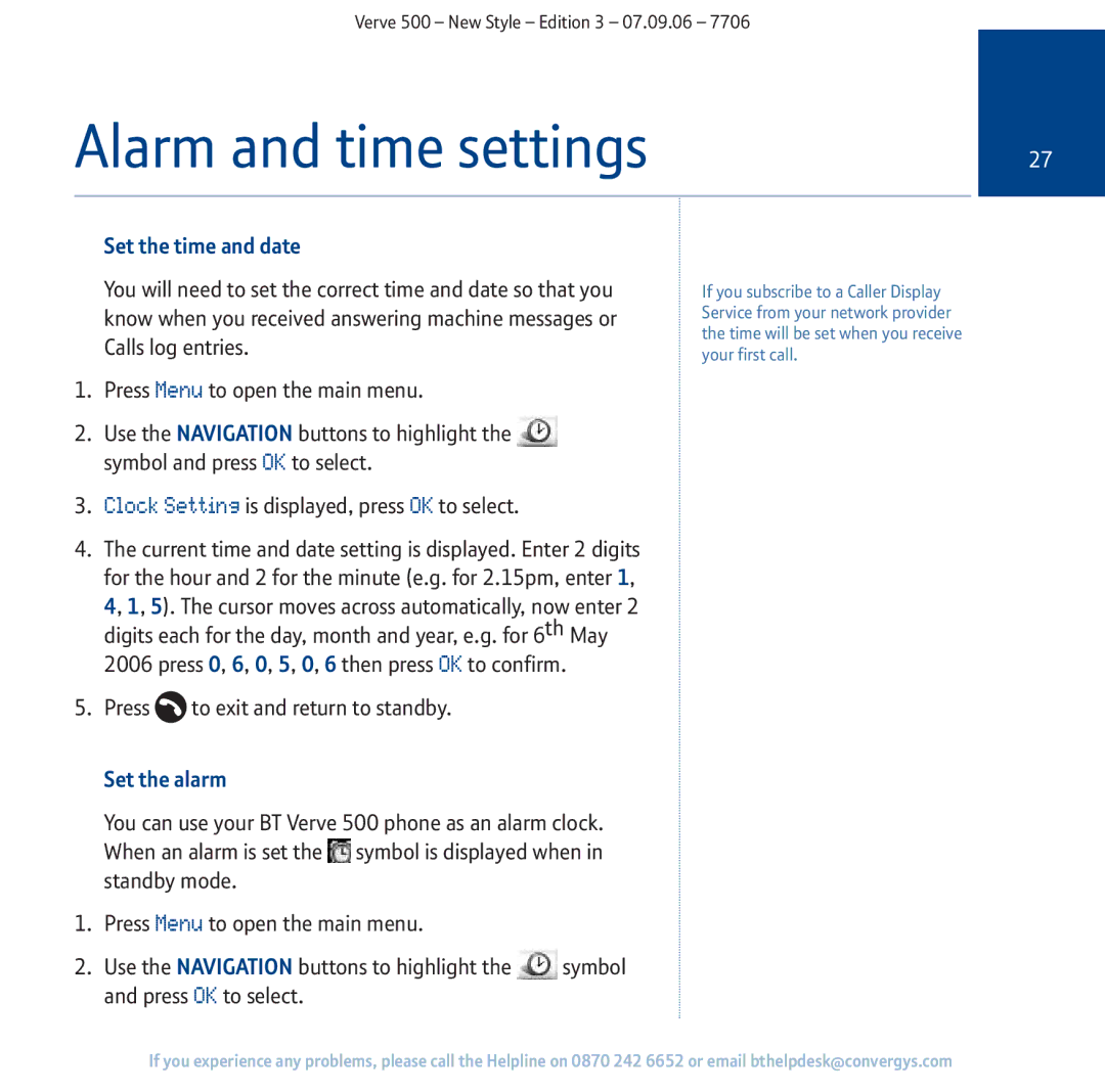 BT 500 manual Alarm and time settings, Set the time and date, Set the alarm 