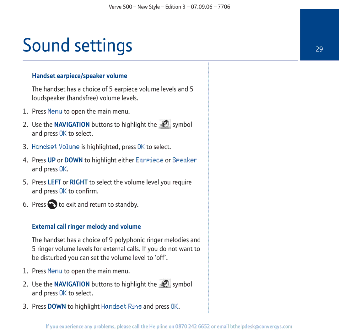 BT 500 manual Sound settings, Handset earpiece/speaker volume, External call ringer melody and volume 