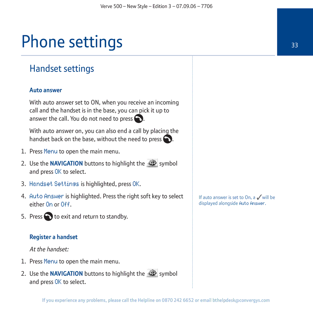 BT 500 manual Phone settings, Handset settings, Auto answer, Register a handset 