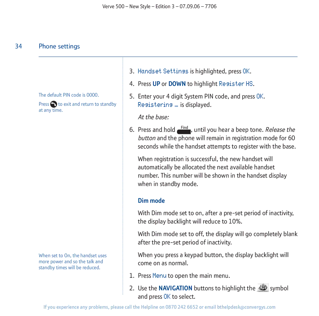 BT 500 manual Phone settings, Dim mode 