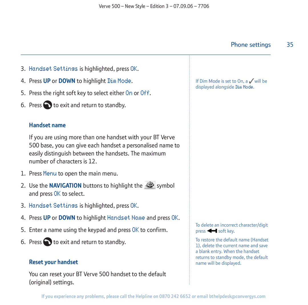 BT 500 manual Handset name, Reset your handset 