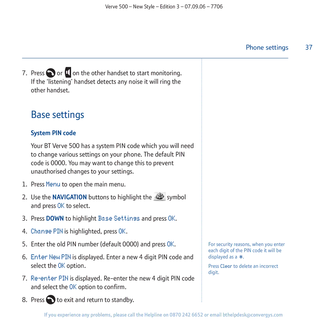 BT 500 manual Base settings, System PIN code 