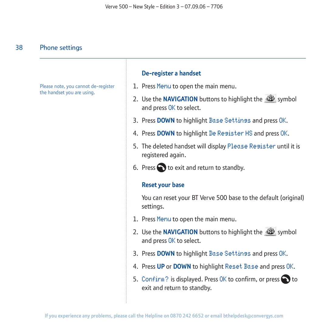 BT 500 manual De-register a handset, Reset your base 