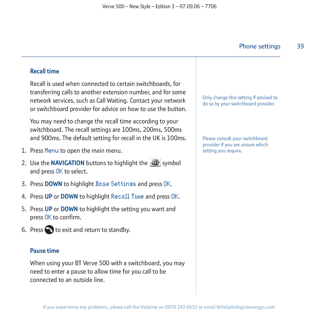 BT 500 manual Recall time, Pause time 