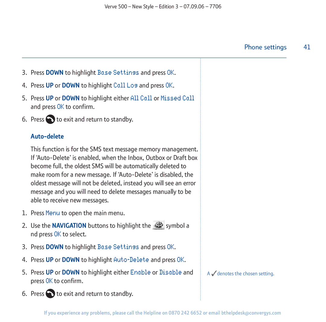 BT 500 manual Auto-delete, Press OK to confirm To exit and return to standby 