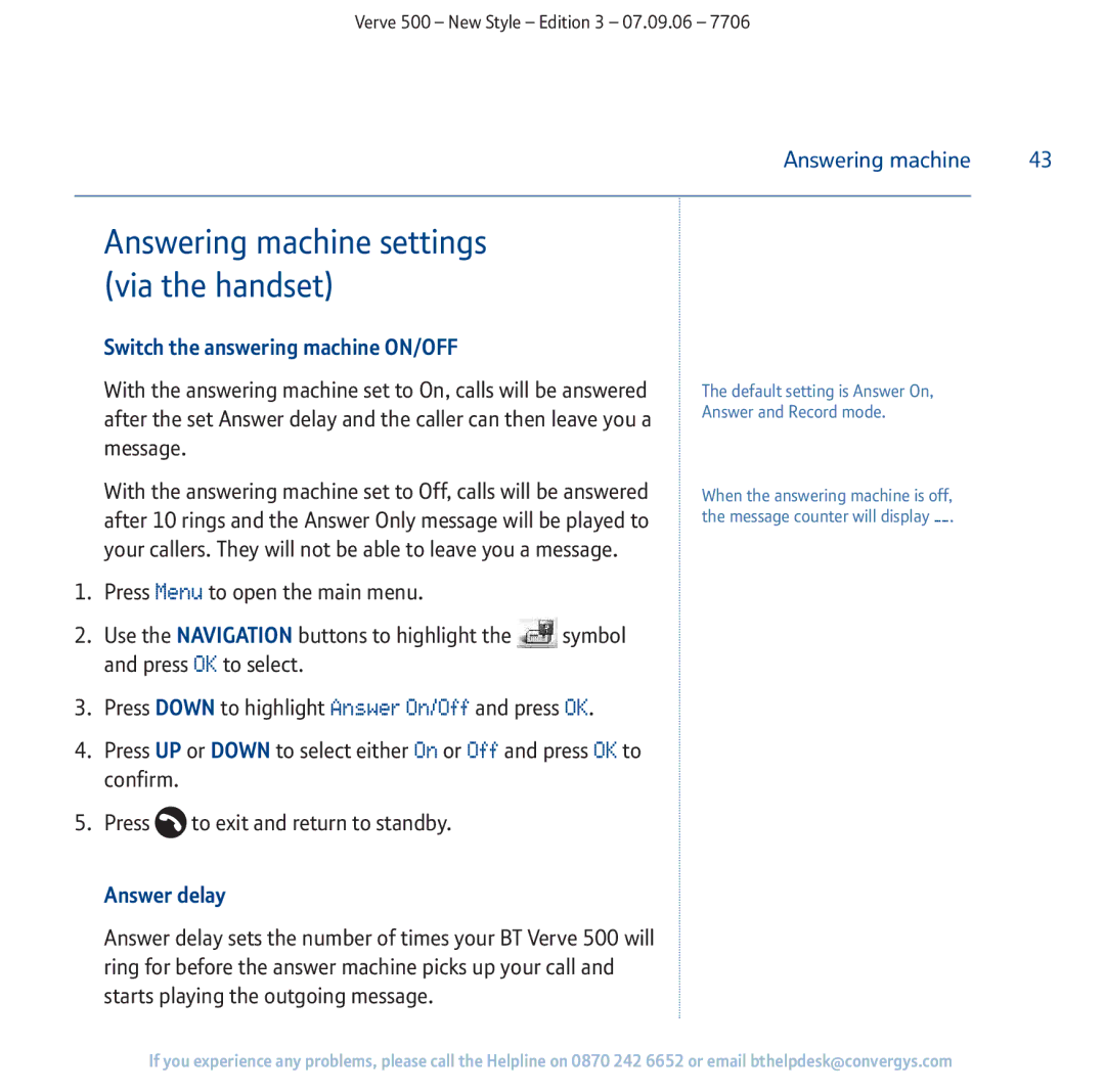 BT 500 manual Answering machine settings via the handset, Switch the answering machine ON/OFF, Answer delay 