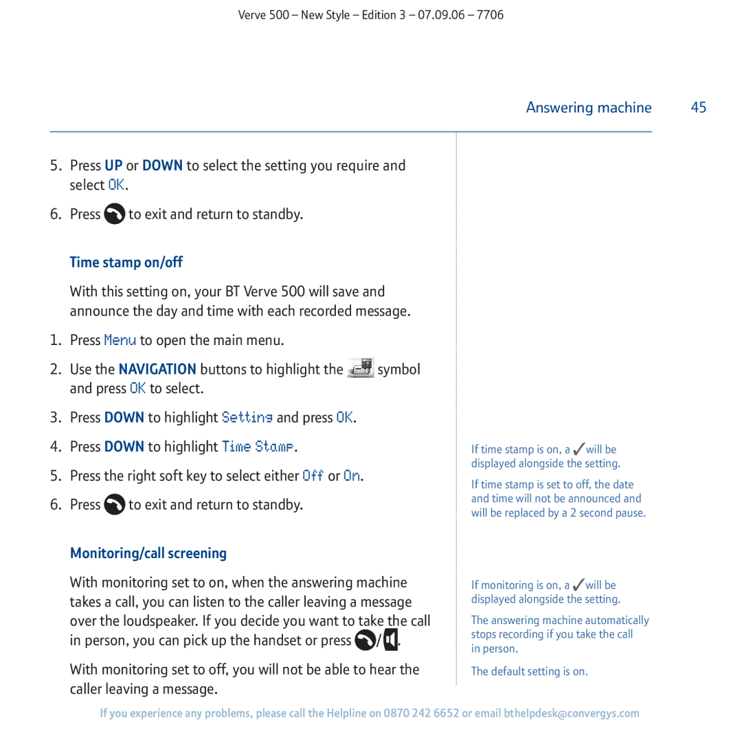 BT 500 manual Time stamp on/off, Monitoring/call screening 