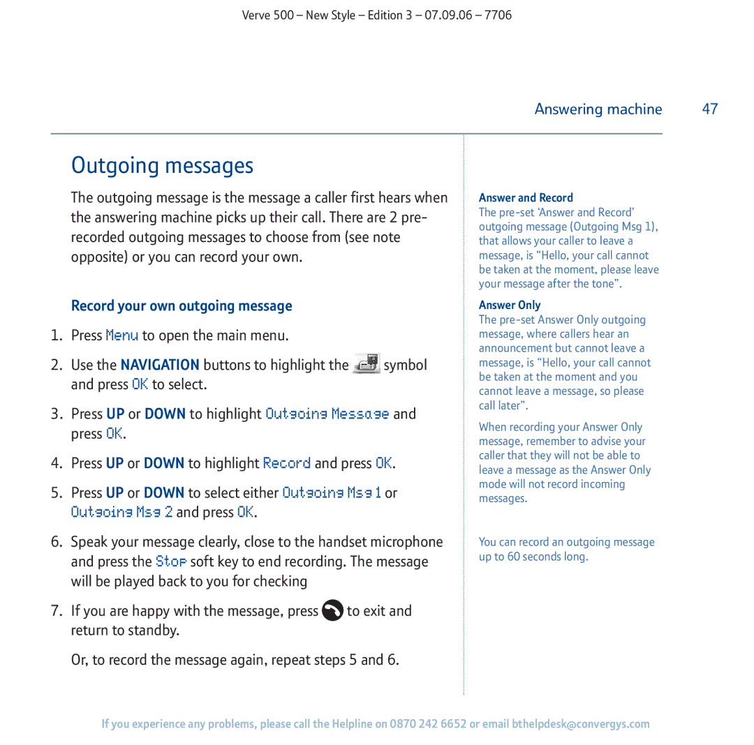 BT 500 manual Outgoing messages, Record your own outgoing message, Answer and Record, Answer Only 