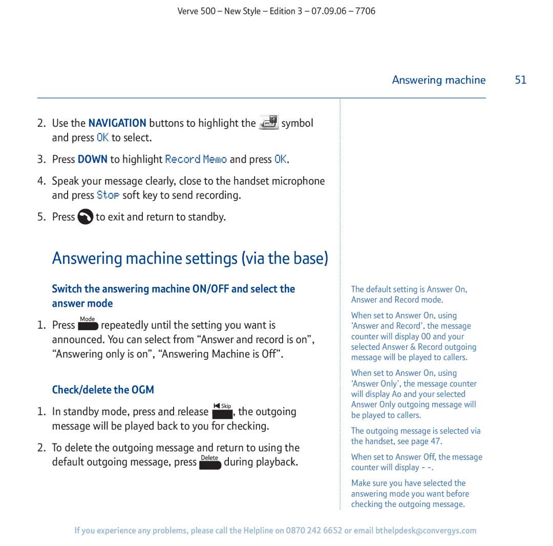 BT 500 manual Answering machine settings via the base, Check/delete the OGM 