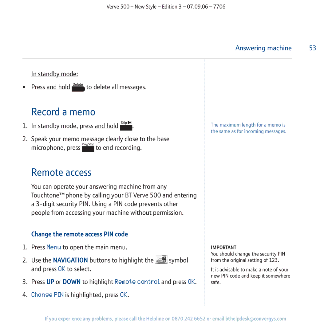 BT 500 manual Remote access, Standby mode Press and hold to delete all messages, Standby mode, press Hold 