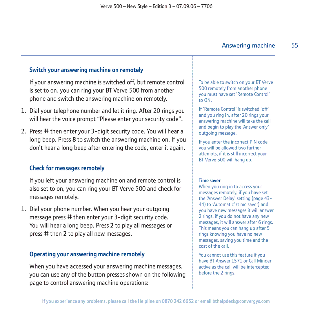 BT 500 Switch your answering machine on remotely, Check for messages remotely, Operating your answering machine remotely 