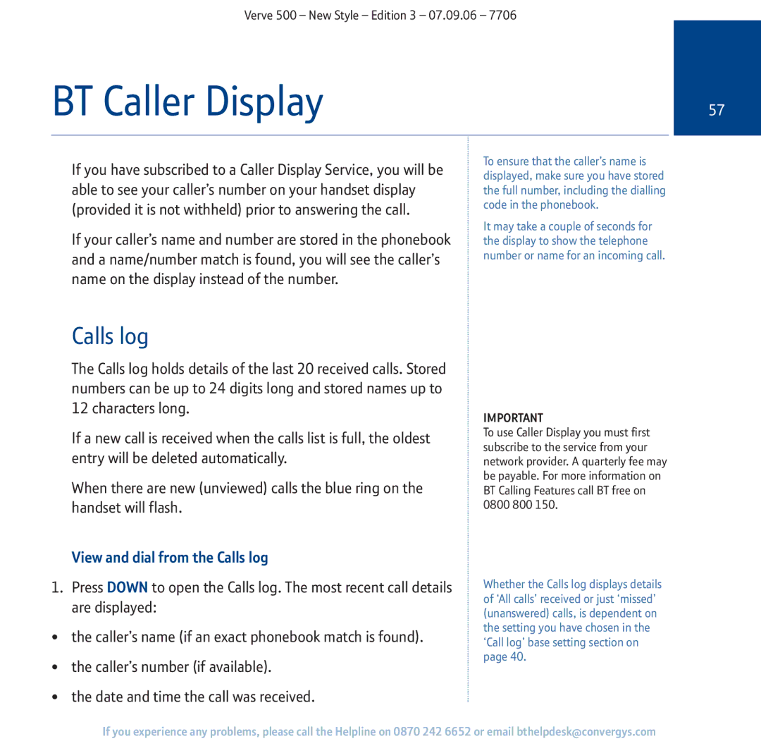 BT 500 manual BT Caller Display, View and dial from the Calls log 