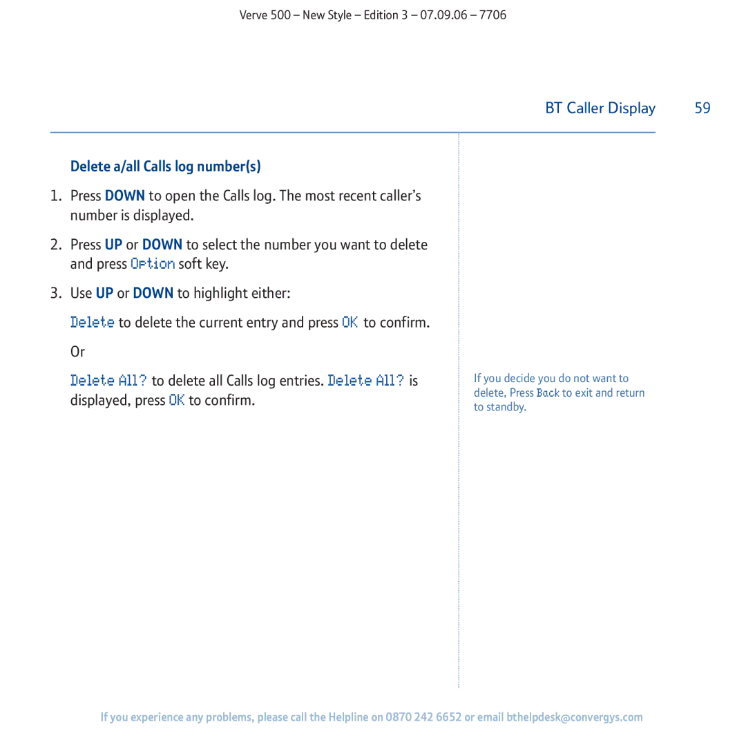 BT 500 manual Delete a/all Calls log numbers 