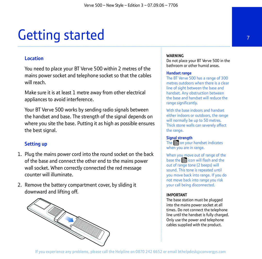 BT 500 manual Getting started, Location, Setting up, Handset range, Signal strength 