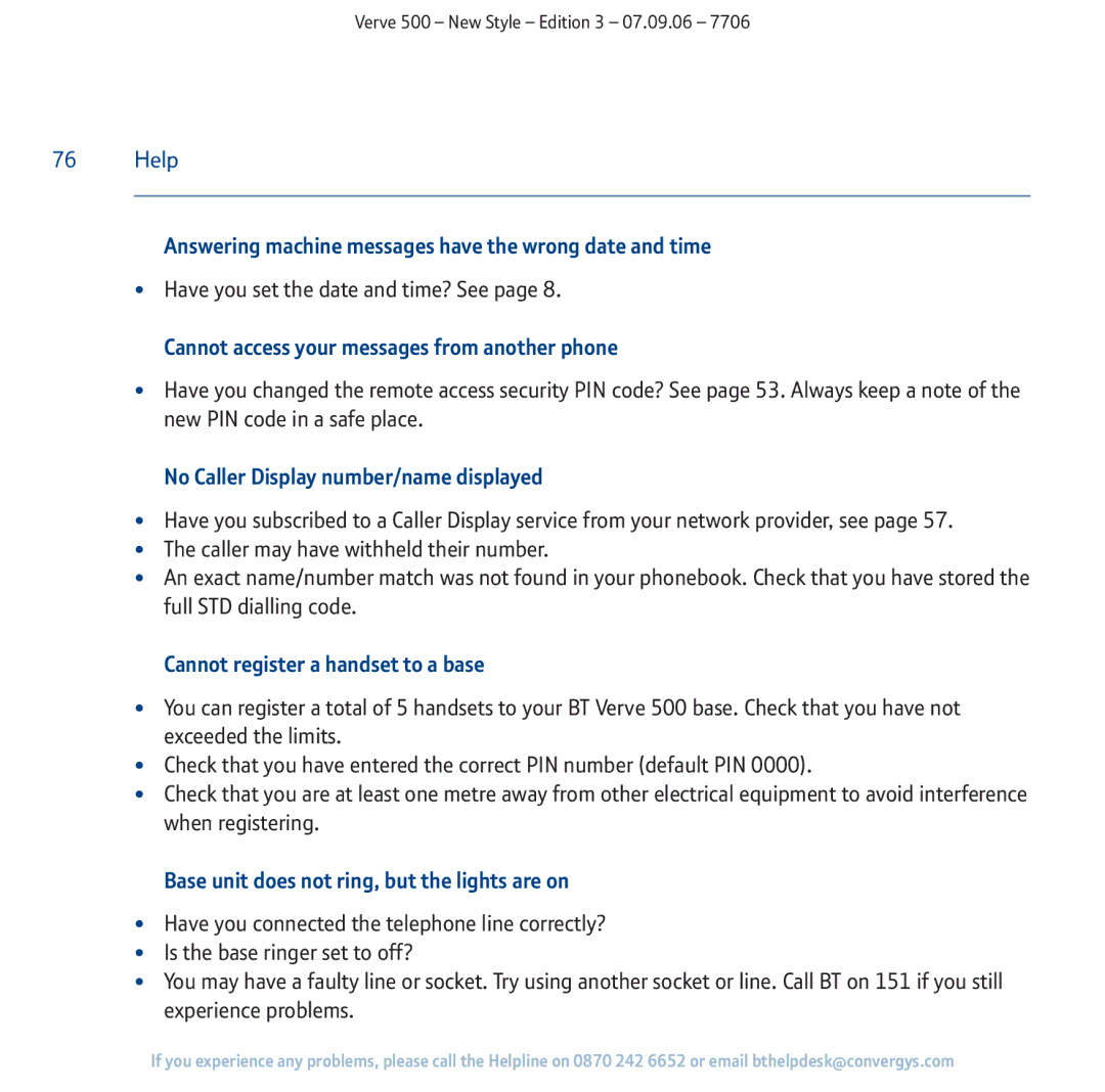 BT 500 manual Answering machine messages have the wrong date and time, Cannot access your messages from another phone 