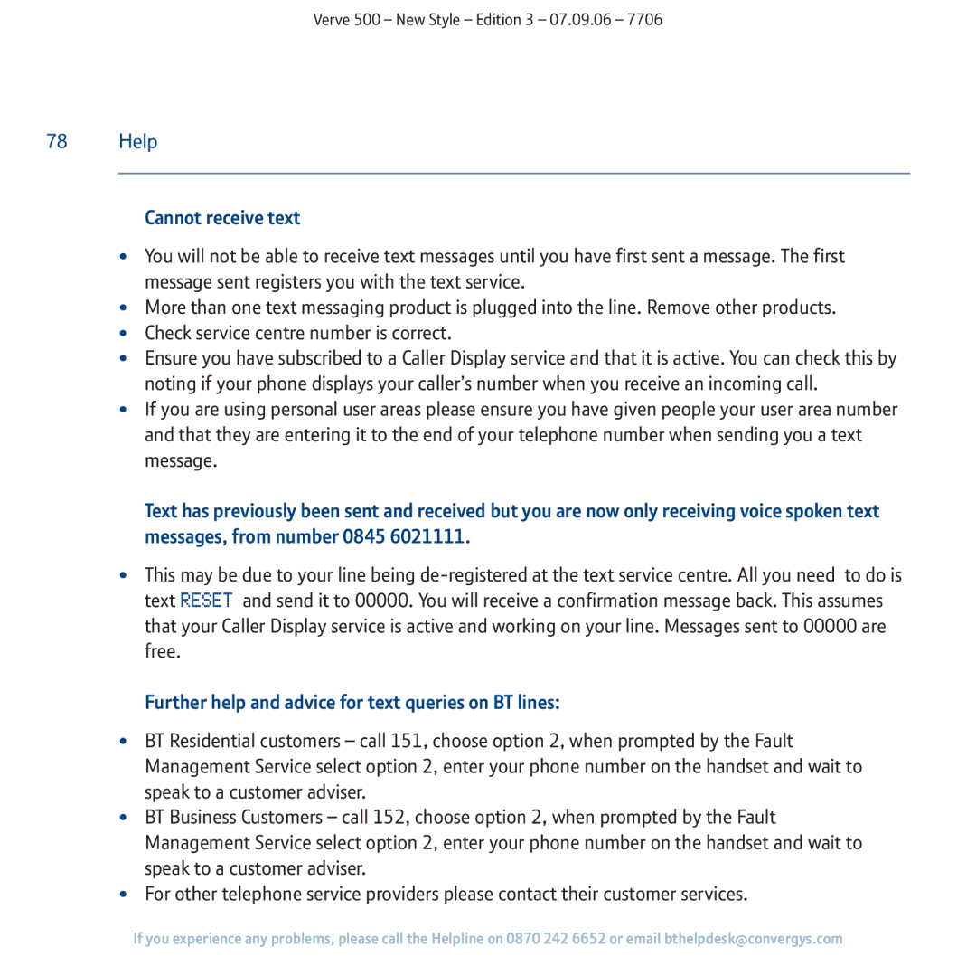 BT 500 manual Cannot receive text, Further help and advice for text queries on BT lines 