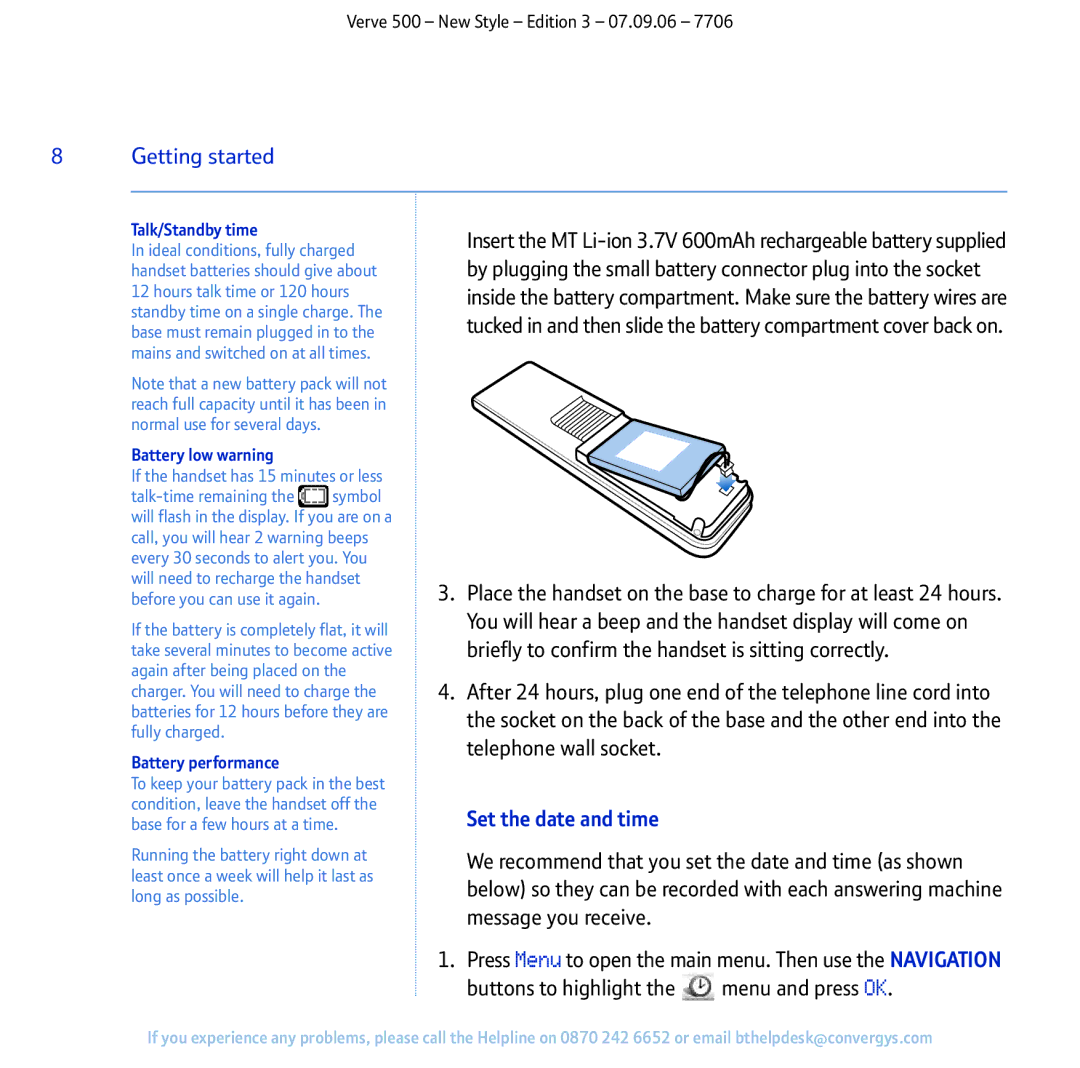 BT 500 manual Getting started, Set the date and time, Talk/Standby time, Battery low warning, Battery performance 