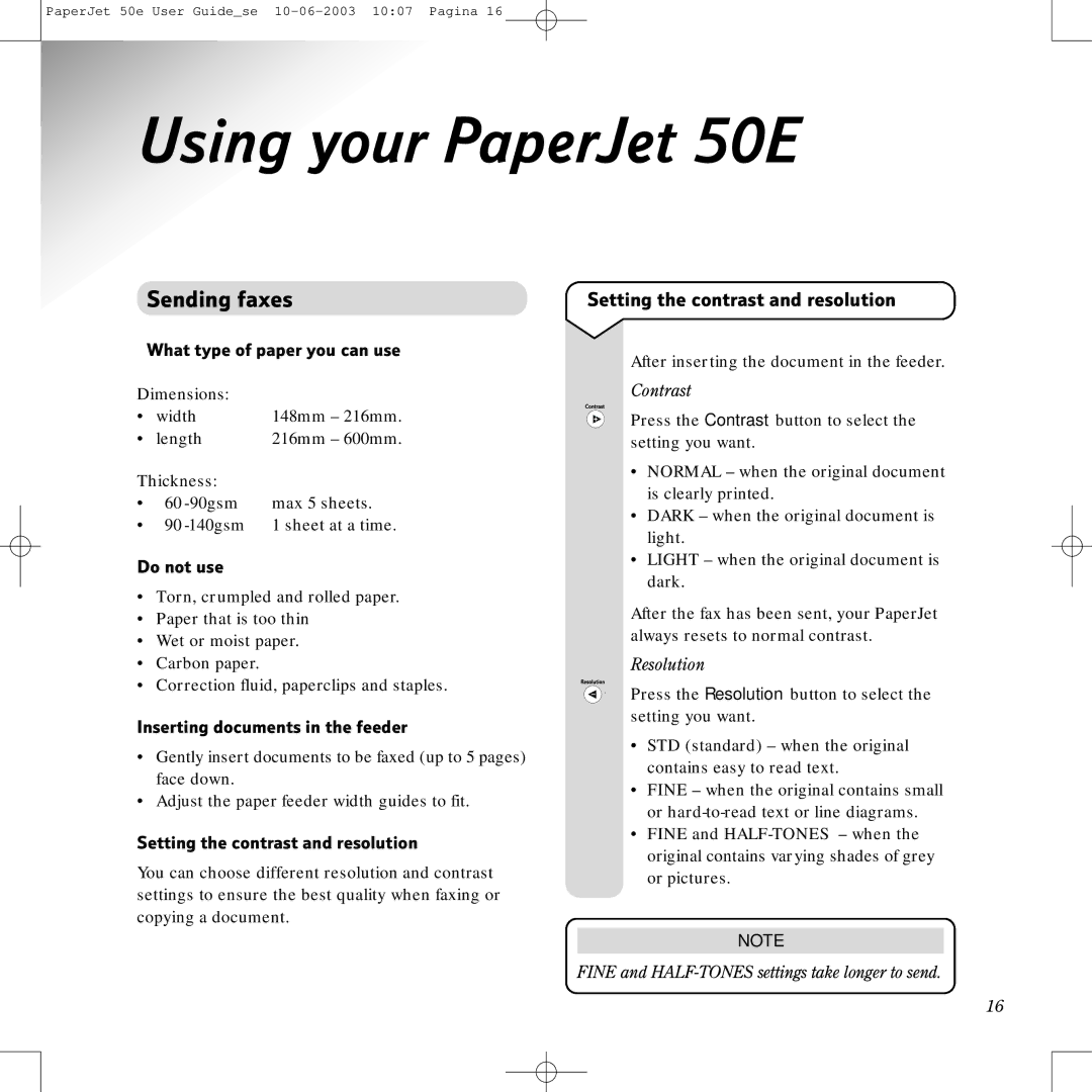 BT 50e manual Using your PaperJet 50E, Sending faxes, Setting the contrast and resolution 