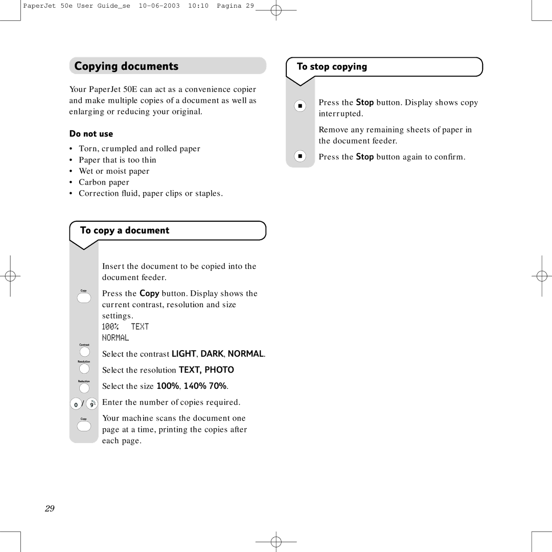 BT 50e manual Copying documents, To copy a document, To stop copying, 100% Text Normal 